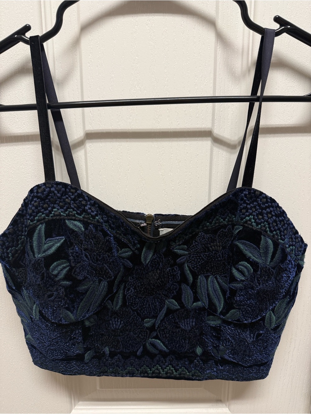 La Fuori Silk Velvet Embroidered Floral Navy Bustier Crop Top